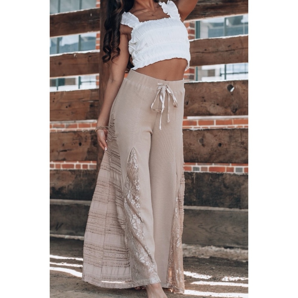 POL Mocha Latte Stretch Knit Lace Panel Wide Leg Pants - Picture 3 of 14
